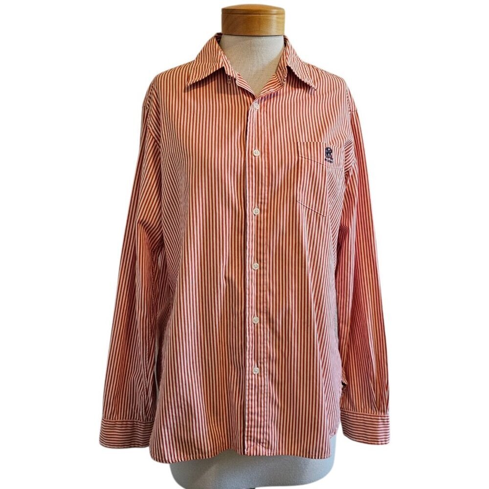 Vintage Ralph Lauren Rugby Orange Striped Cotton Long Sleeve Collared Shirt L
